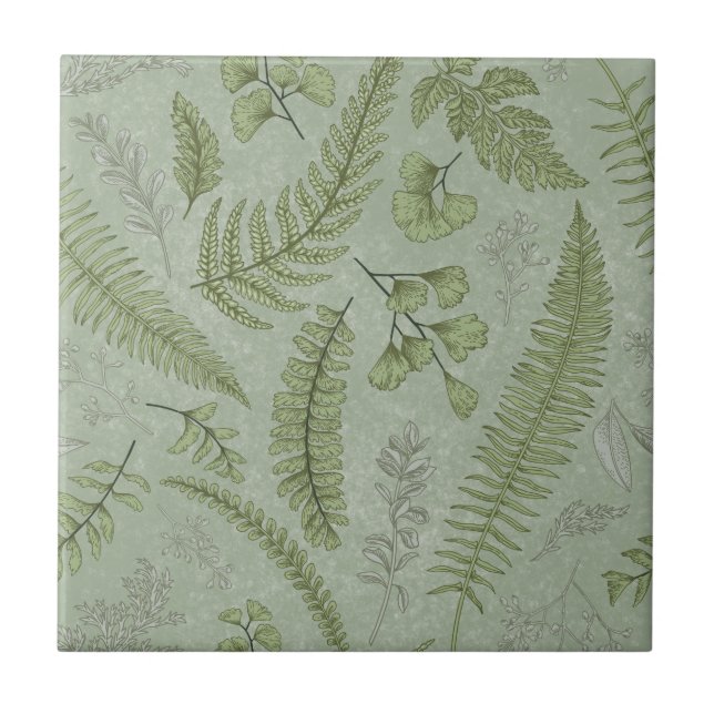 Azulejo De Cerâmica Floral de Aquarela Verde Elegante (Frente)