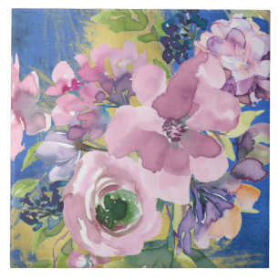 Azulejo De Cerâmica Floral de Aquarelas de Blues de lavanda