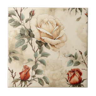 Azulejo De Cerâmica Floral de bege de Rosa de pintura elegante