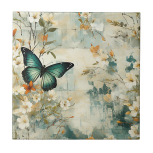 Azulejo De Cerâmica Floral de Borboleta Teal Pintura em Terracota de S