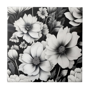 Azulejo De Cerâmica Floral de Cor Branca e Preta Elegante