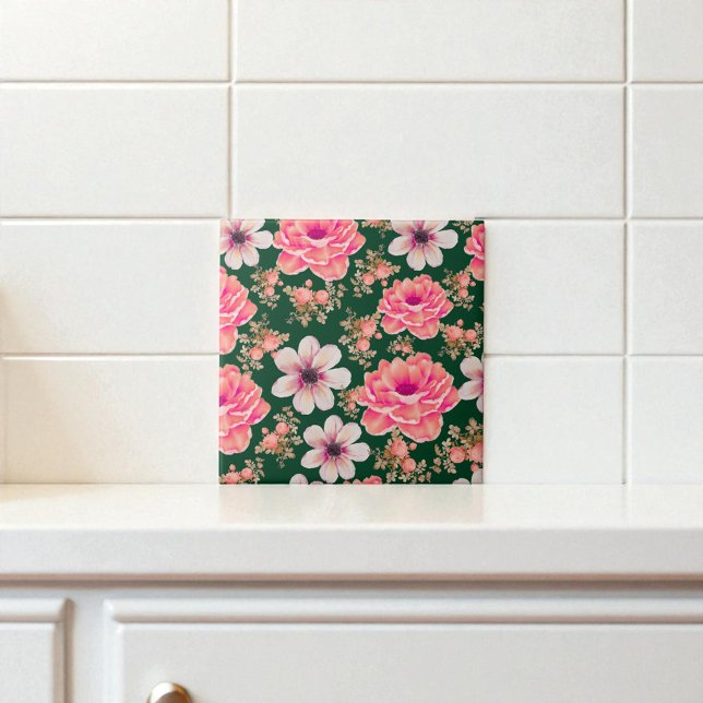 Azulejo De Cerâmica Floral de Cor Vermelha Verde (Criador carregado)