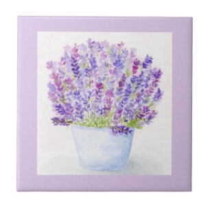 Azulejo De Cerâmica Floral de Lavanda em Aquarela Solta Pintada à Mão