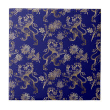 Floral de Leão Dourado Azul Elegante
