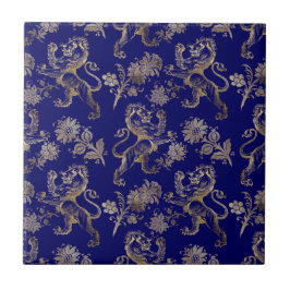 Azulejo De Cerâmica Floral de Leão Dourado Azul Elegante 