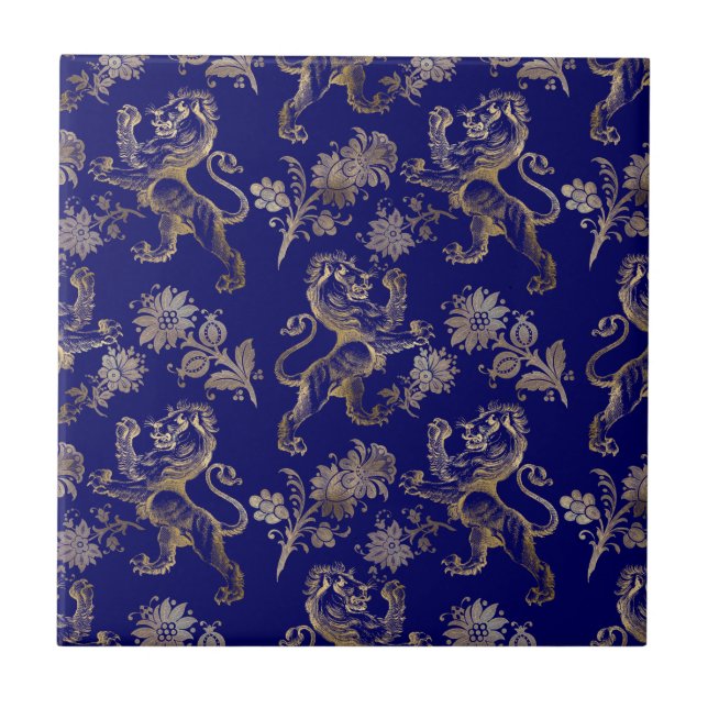 Azulejo De Cerâmica Floral de Leão Dourado Azul Elegante  (Frente)