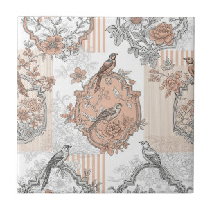 Azulejo De Cerâmica Floral de Pássaro Vintage com Listra Toile (2)