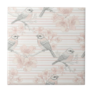 Azulejo De Cerâmica Floral de Pássaro Vintage com Listra Toile (8)