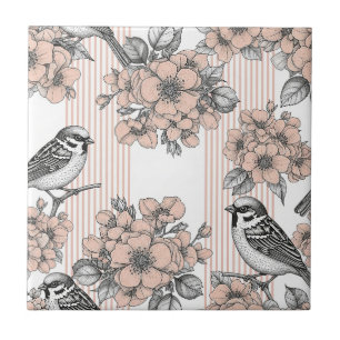 Azulejo De Cerâmica Floral de Pássaro Vintage em Listra Toile (1)