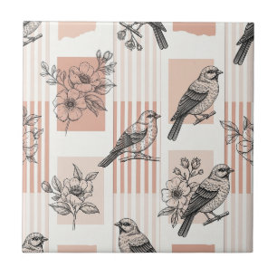 Azulejo De Cerâmica Floral de Pássaro Vintage em Listra Toile (15)