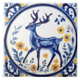Azulejo De Cerâmica Floral Deer Blue & White Woodland Folk Animal Art