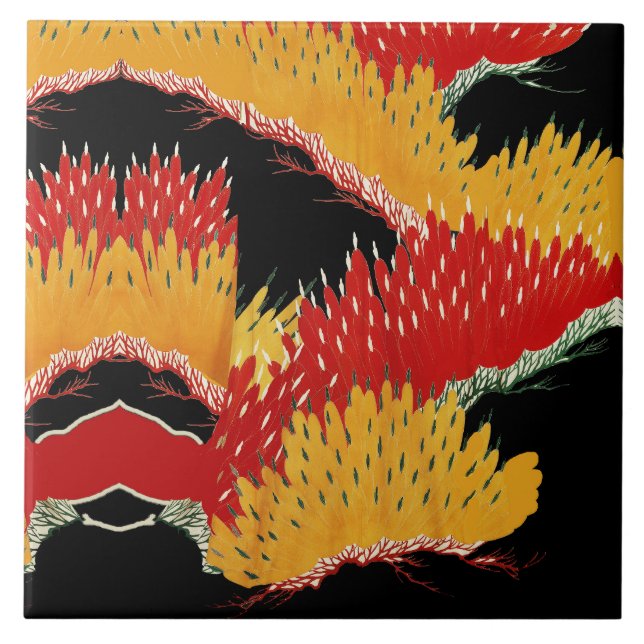AZULEJO DE CERÂMICA  FLORAL DO JAPONÊS ABSTRATO NEGRO VERMELHO (Frente)