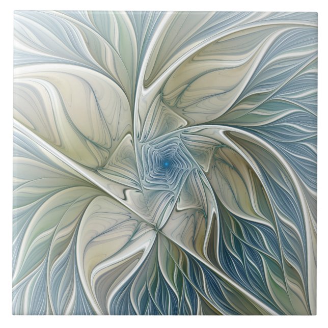 Azulejo De Cerâmica Floral Dream Pattern Abstrato Blue Khaki Fractal (Frente)