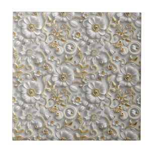 Azulejo De Cerâmica Floral Elegante 3D Branco E Dourado