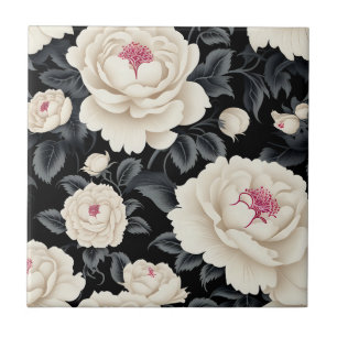 Azulejo De Cerâmica Floral Elegante Preto E De Marfim