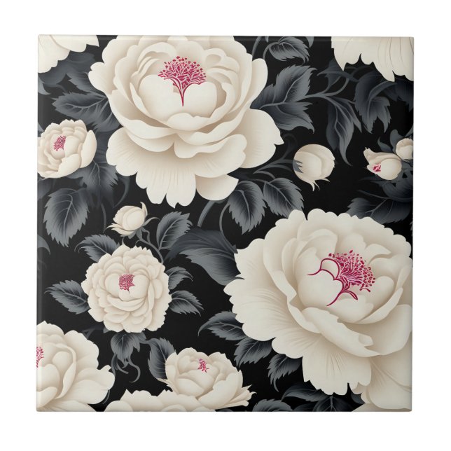 Azulejo De Cerâmica Floral Elegante Preto E De Marfim (Frente)