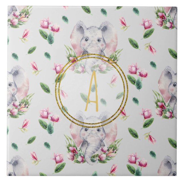 Azulejo De Cerâmica Floral ELEPHANT Monograma Rapariga Rosa Nurserria  (Frente)