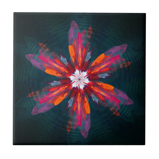 Azulejo De Cerâmica Floral Flores de Mandala Laranja Vermelho Abstrato (Frente)
