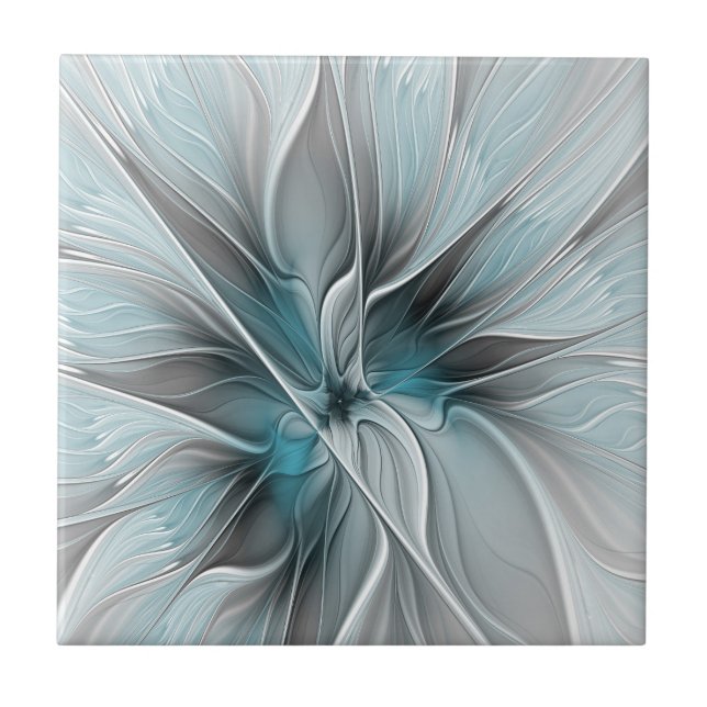 Azulejo De Cerâmica Floral Fractal Modern Abstract Flower Blue Gray (Frente)