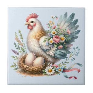 Azulejo De Cerâmica Floral Hen com Ovos Vintage Farmhouse Charm