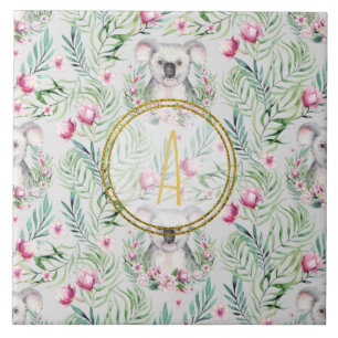 Azulejo De Cerâmica Floral KOALA BEAR Monograma Raparigas Quarto