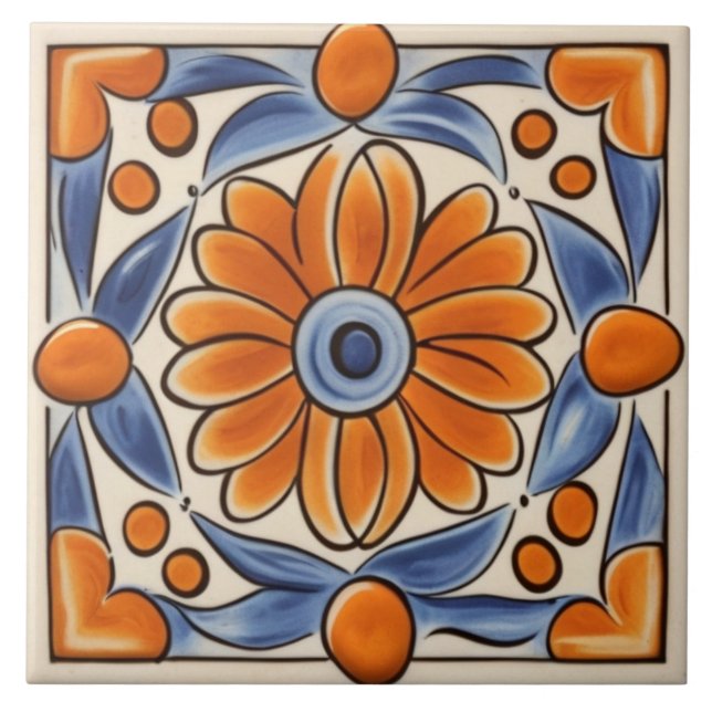Azulejo De Cerâmica Floral Laranja Azul Flor Mediterrânica (Frente)
