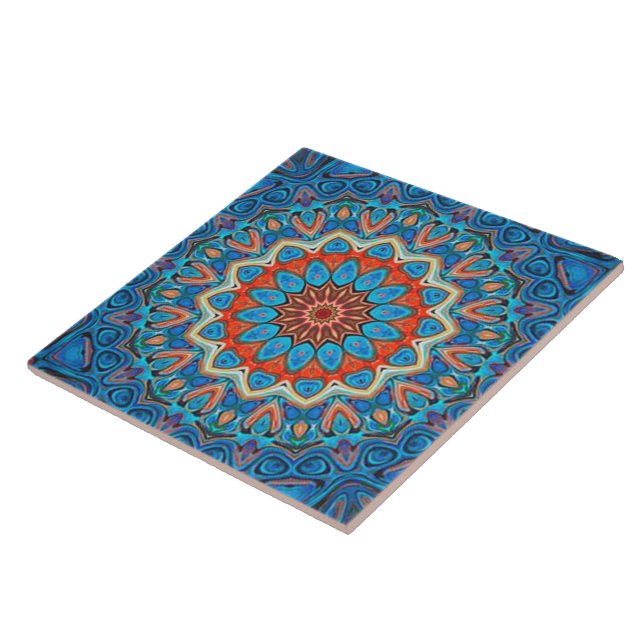 Azulejo De Cerâmica Floral Mandala Bohemien Blue Orange Elegant (Lateral)