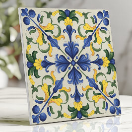 Azulejo De Cerâmica Floral mediterrânico azul-vibrante e amarelo