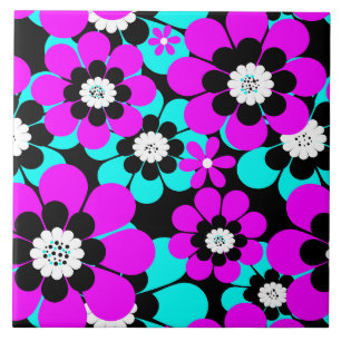 Azulejo De Cerâmica Floral Neon Patterno Roxo e Flores Turquesas