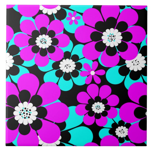 Azulejo De Cerâmica Floral Neon Patterno Roxo e Flores Turquesas (Frente)