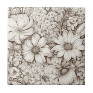 Azulejo De Cerâmica Floral Neutro Suave com Botânica Clássica