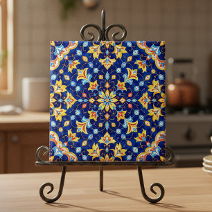Azulejo De Cerâmica Floral Ornate Vibrante Azul Dourado Mediterrâneo