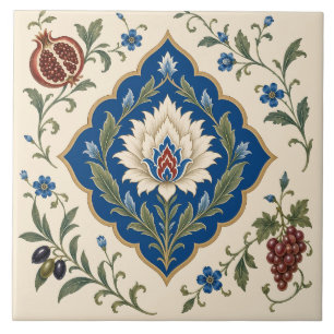 Azulejo De Cerâmica Floral Otomano Iznik   Romã Botânica Azul