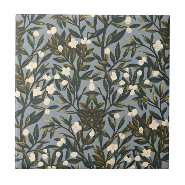 Azulejo De Cerâmica Floral pattern on  dusty blue-gray background (Frente)