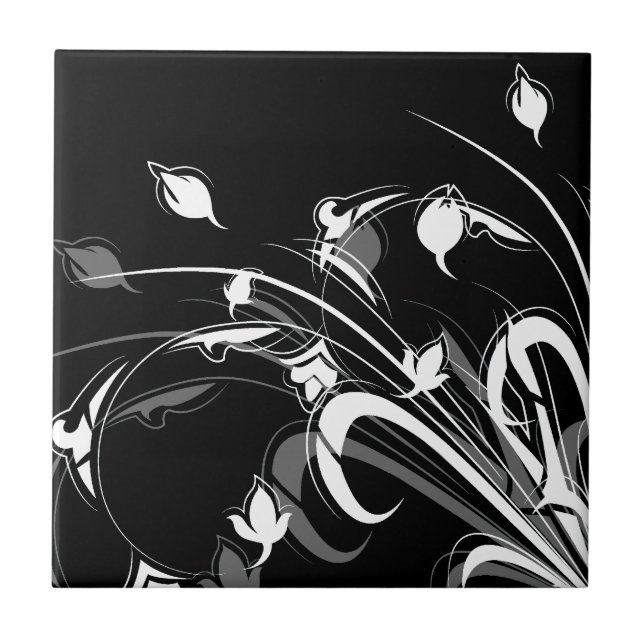 Azulejo De Cerâmica Floral preto e branco elegante (Frente)