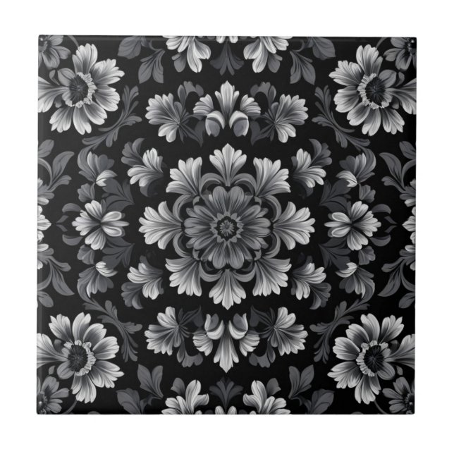 Azulejo De Cerâmica Floral preto e branco impressionante (Frente)