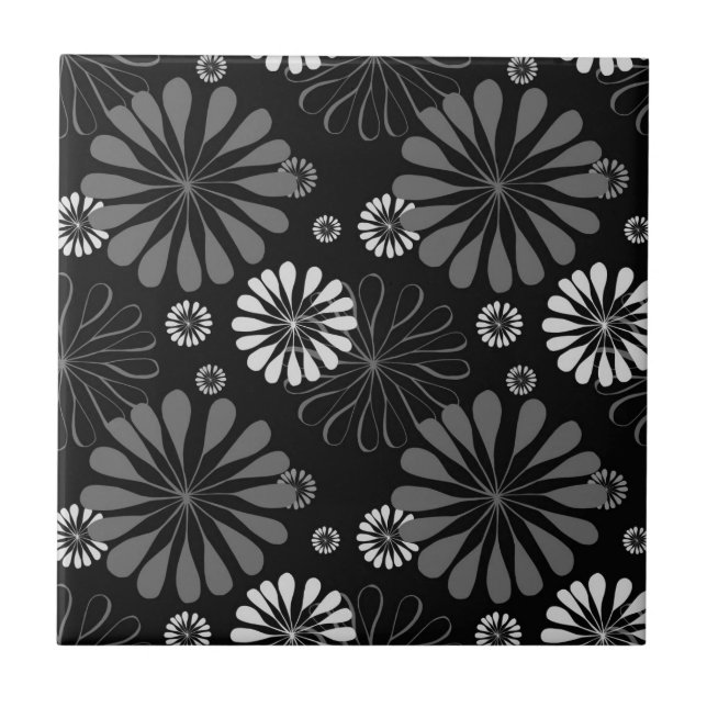Azulejo De Cerâmica Floral Retro Preto e Branco (Frente)