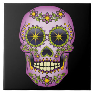 Azulejo De Cerâmica Floral roxo do crânio do açúcar