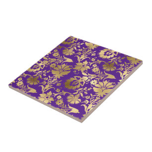 Azulejo De Cerâmica Floral Roxo Elegante Dourado