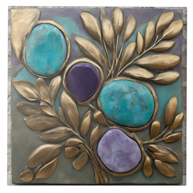 Azulejo De Cerâmica Floral Sculpture in Turquoise, Gold and purple (Frente)