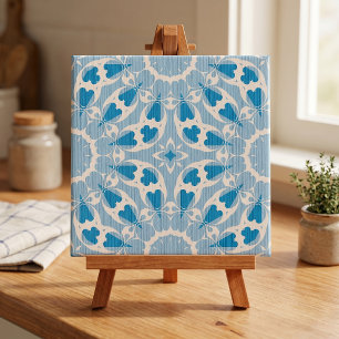 Azulejo De Cerâmica Floral Simétrico Estilizado Branco Azul Texturizad