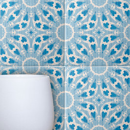 Azulejo De Cerâmica Floral Simétrico Estilizado Branco Azul Texturizad