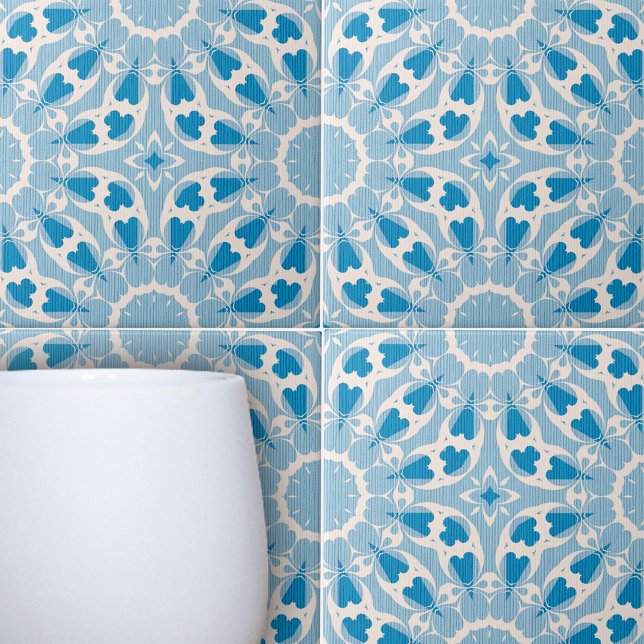 Azulejo De Cerâmica Floral Simétrico Estilizado Branco Azul Texturizad (Criador carregado)