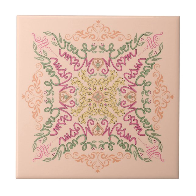 Azulejo De Cerâmica Floral Soft pêssego caleidoscópico Script Melhor M (Frente)