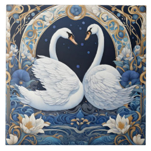 Azulejo De Cerâmica Floral Swans Art Nouveau Bird Art Deco Blue