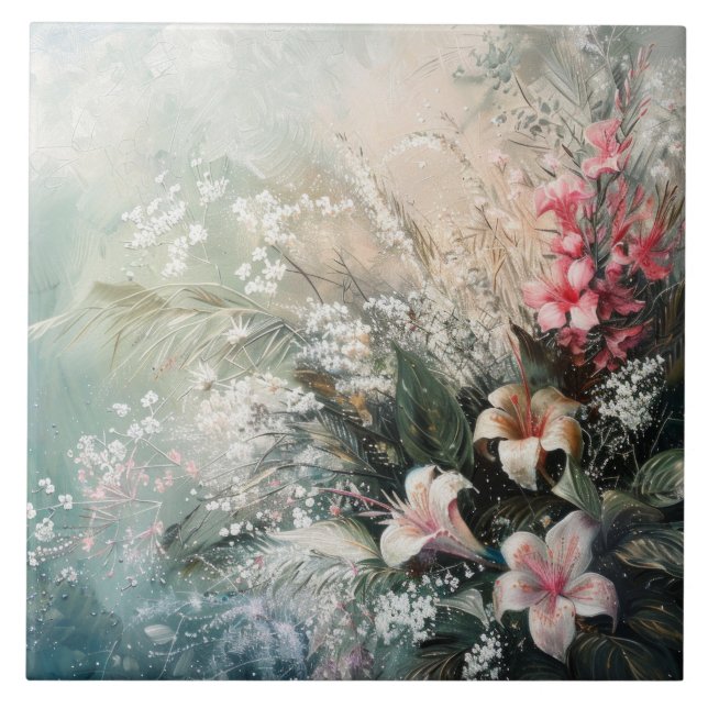 Azulejo De Cerâmica Floral Tropical Branca Rosa (Frente)