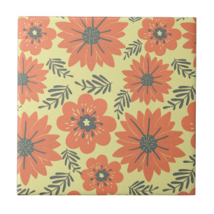 Azulejo De Cerâmica Floral Verde Amarelo Laranja Retroativo
