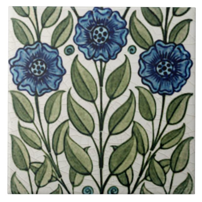 Azulejo De Cerâmica Floral Verde Azul Repro Antique De Morgan (Frente)
