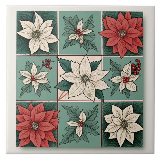 Azulejo De Cerâmica Floral Verde Branco Vermelho de Poinsettia Natal (Frente)