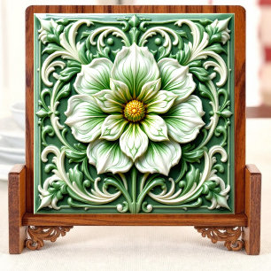 Azulejo de Cerâmica Floral Verde e Branco